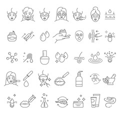 Skincare and cosmetology, beauty therapy and healthcare, isolated linear icons - obrazy, fototapety, plakaty