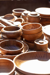 wooden utensils. natural wood kitchen utensils - plates and supplies