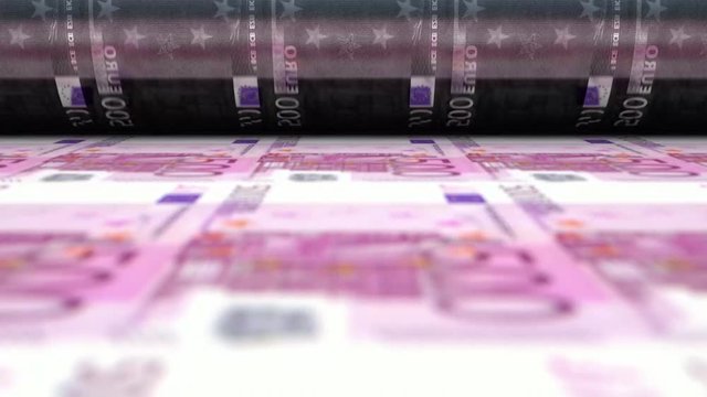 A loop able animation concept image showing a long sheet of European Euro notes going through a print roller in its final phase of a print run