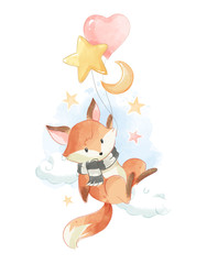 cute fox holding balloons in the sky