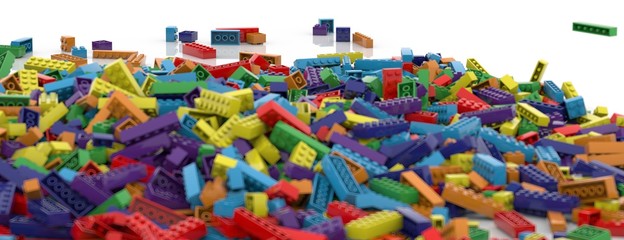 Fototapeta na wymiar Colored toy bricks background. Rainbow colors. Random coloured plastic construction blocks. 3D illustration. 3D rendering. Isolated on white background