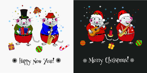 Winter christmas card with mice. Funny mice play and enjoy Christmas and New Year. Vector drawing for designs.
