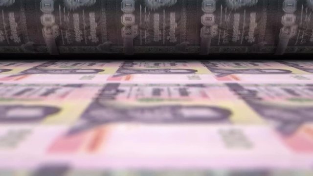 A loop able animation concept image showing a long sheet of Thailand Bhat notes going through a print roller in its final phase of a print run
