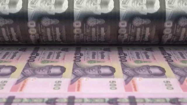 A loop able animation concept image showing a long sheet of Thailand Bhat notes going through a print roller in its final phase of a print run