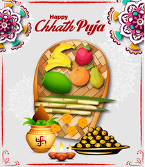 illustration of Happy Chhath Puja Holiday background for Sun festival of India on decorative background.