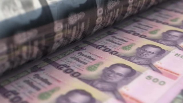 A loop able animation concept image showing a long sheet of Thailand Bhat notes going through a print roller in its final phase of a print run