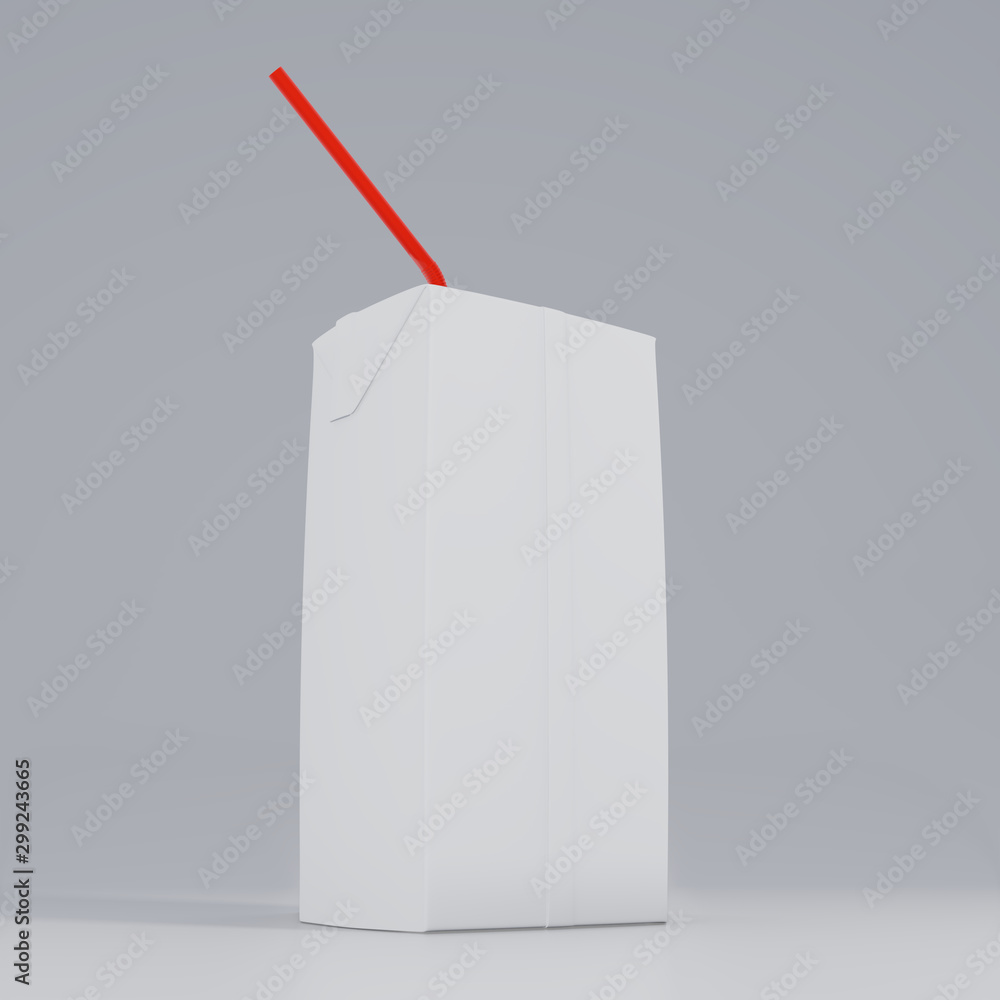Aufkleber blank packet carton juice and milk pack with straw white realistic 3d rendering for mock up template