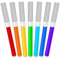 Set of seven multi-colored drawing pens or markers, color vector illustration on white isolated background