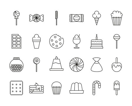 Sweet Dessert Candy And Pastry Icons Set Line