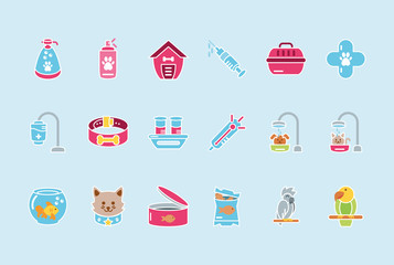 pet shop grooming food vet care icons set