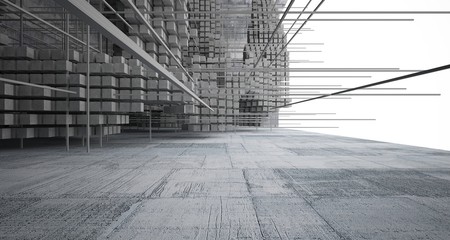 Abstract architectural concrete  interior  from an array of white cubes with large windows. 3D illustration and rendering.