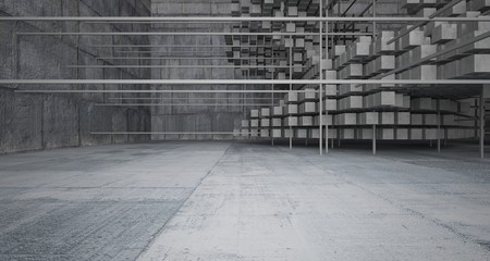 Abstract architectural concrete  interior  from an array of white cubes with large windows. 3D illustration and rendering.