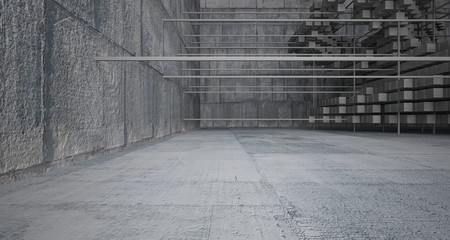 Abstract architectural concrete  interior  from an array of white cubes with large windows. 3D illustration and rendering.