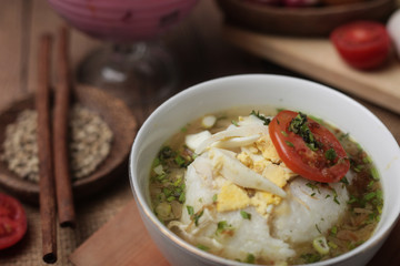 Bubur Ayam or Indonesian Chicken Porridge with Soup