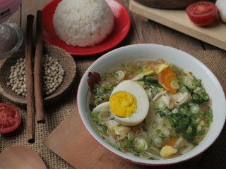 Indonesian chicken soto or soto ayam, served with white rice