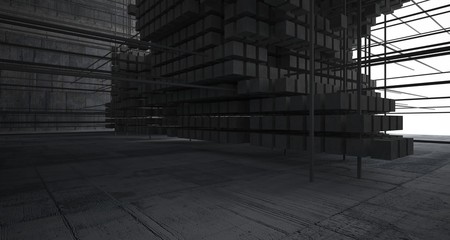 Abstract architectural concrete  interior  from an array of white cubes with large windows. 3D illustration and rendering.