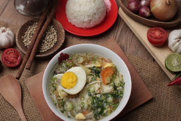Indonesian chicken soto or soto ayam, served with white rice