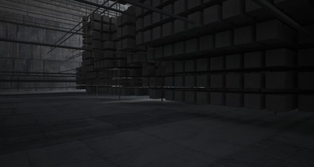 Abstract architectural concrete  interior  from an array of white cubes with large windows. 3D illustration and rendering.