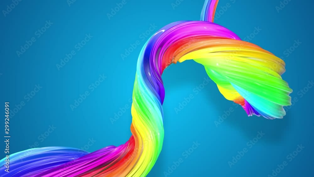 Poster abstract background with rainbow color stripes that moving in a spiral and shiny on blue background 