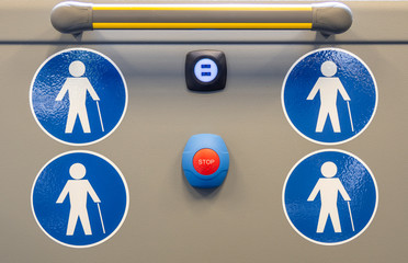 Symbol for seat or area reserved for the elderly on city buses. Symbol with white person on a blue...