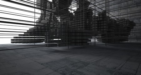 Abstract architectural concrete  interior  from an array of white cubes with large windows. 3D illustration and rendering.