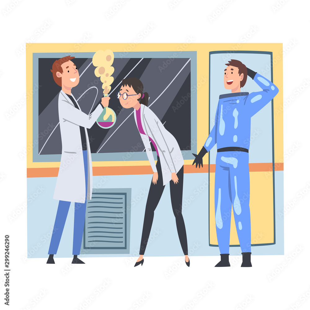 Wall mural Scientists or Assistants People Doing Research and Experiments in Scientific Lab Vector Illustration