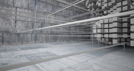 Abstract architectural concrete  interior  from an array of white cubes with large windows. 3D illustration and rendering.