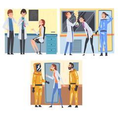 Scientists and Assistants Doing Research, Experiments and Analysis in Scientific Lab Vector Illustration
