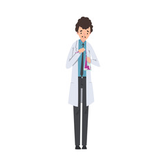 Male Scientist Character in Lab Coat Working in Scientific Lab Vector Illustration
