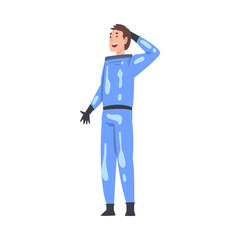 Smiling Scientist Character in Blue Protective Suit Working in Scientific Lab Vector Illustration