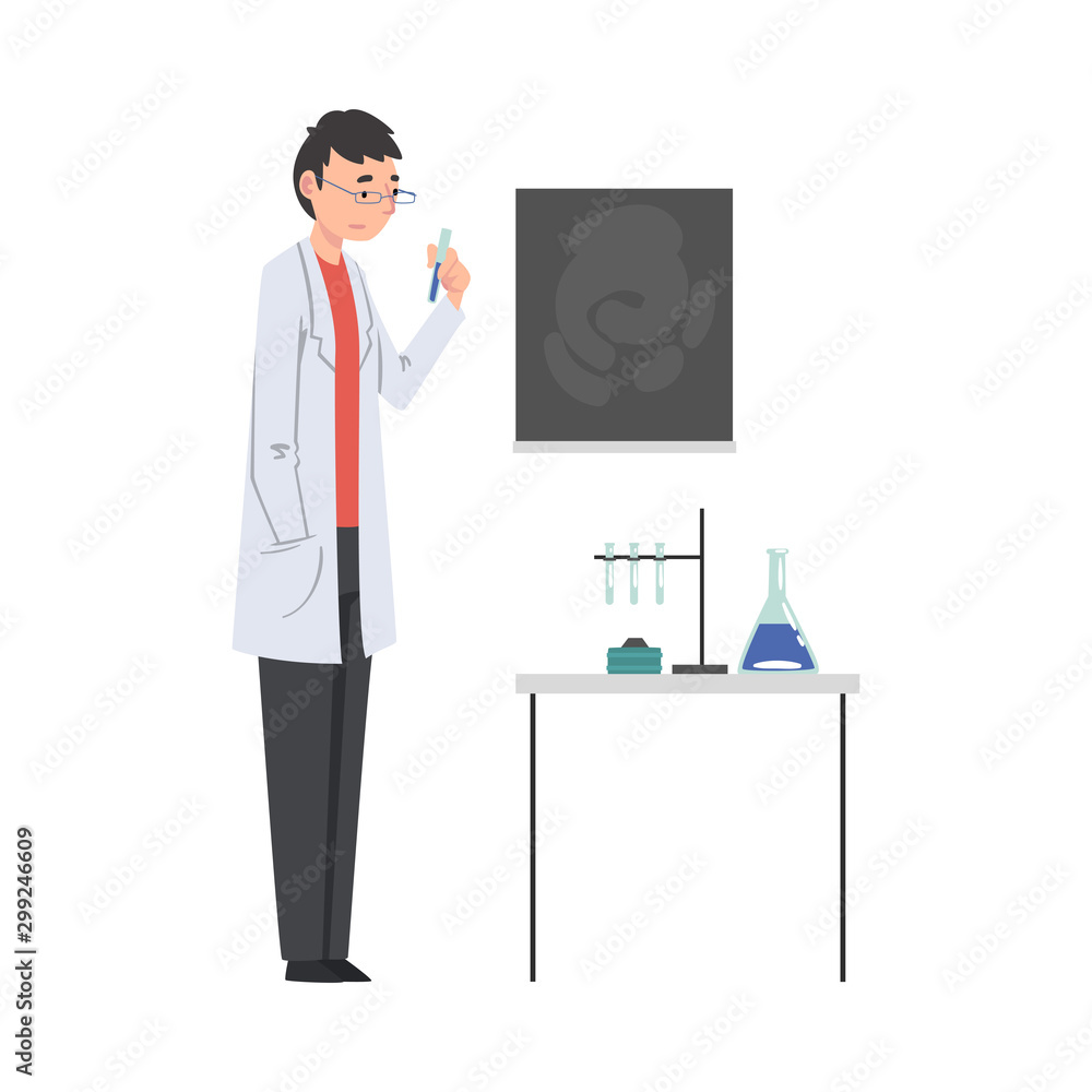 Sticker Male Scientist in Lab Coat Doing Research in Scientific Lab Vector Illustration