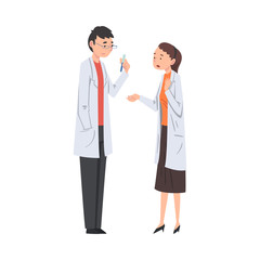 Two Scientist Characters in Lab Coat Doing Research in Chemical or Biological Scientific Lab Vector Illustration