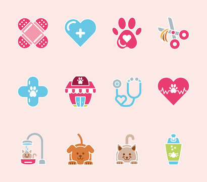 pet shop grooming vet care icons set