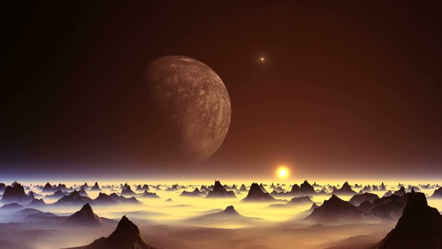 UFO over an Alien Planet. From the huge moon flies a bright glowing object (UFO). Over the hazy horizon yellow setting sun in a halo. Desert cliffs are among the dense fog.