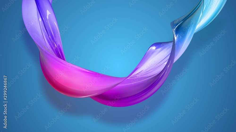 Poster a twisted ribbon of gradient red blue violet color move around on a blue background. 4k abstract bri