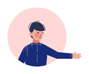 Teenage Boy Looking Out of Round Frame, Child Sticking Out his Hand in Circle Window Hole Vector Illustration