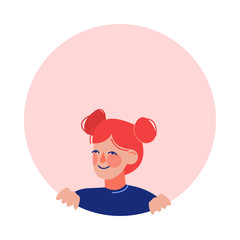 Cute Girl Looking Out of Round Frame, Child Peeping at Circle Window Hole Vector Illustration