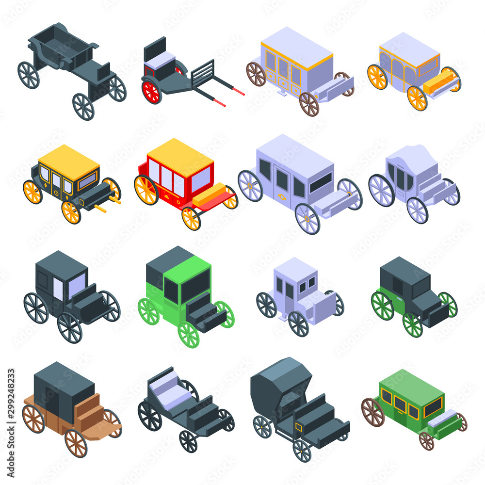 Poster brougham icons set. isometric set of brougham vector icons for web design isolated on white backgrou