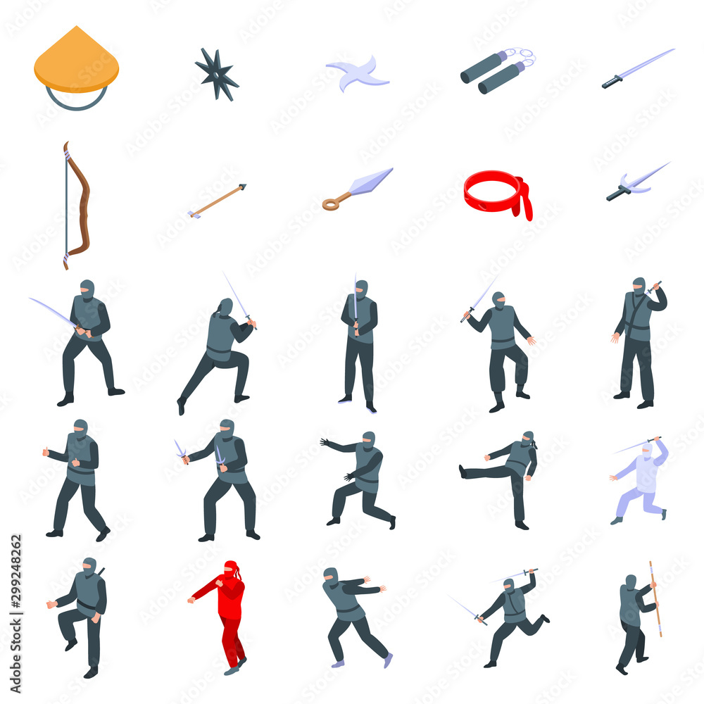 Poster ninja icons set. isometric set of ninja vector icons for web design isolated on white background