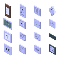 Power socket icons set. Isometric set of power socket vector icons for web design isolated on white background