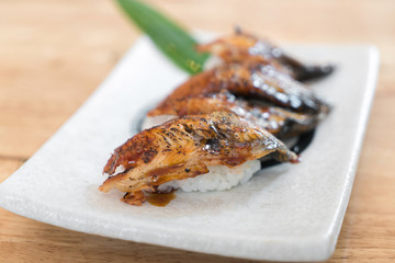 Close up of Unagi Sushi Set Japan eel. Japan food concept in Japanese food restaurant..