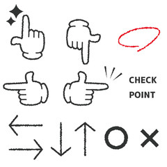 Hand drawn style hand sign, pointing and arrow icon set.