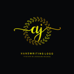 Handwriting initials AJ , With a gold leaf line template. logo design for, beauty, fashion, cosmetic, business