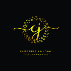 Handwriting initials CJ , With a gold leaf line template. logo design for, beauty, fashion, cosmetic, business