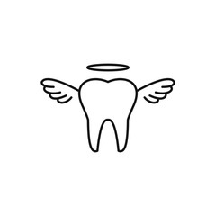 Tooth with wings. Tooth angel.  Outline thin line illustration. Flat icon. Isolated on white background. 