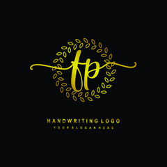 Handwriting initials FP , With a gold leaf line template. logo design for, beauty, fashion, cosmetic, business