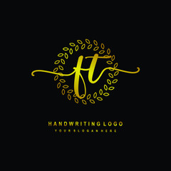 Handwriting initials FT , With a gold leaf line template. logo design for, beauty, fashion, cosmetic, business