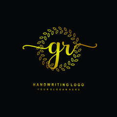 Handwriting initials GR , With a gold leaf line template. logo design for, beauty, fashion, cosmetic, business