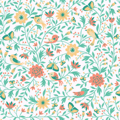 Seamless Pattern with Abstract Flowers, Leaves and Birds for Your Design.