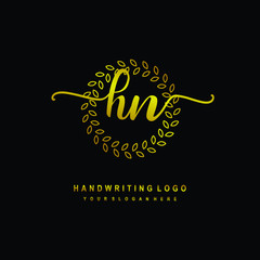 Handwriting initials HN, With a gold leaf line template. logo design for, beauty, fashion, cosmetic, business